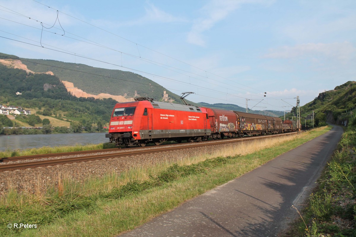 101 005-7 mit einem gemischten Güterzug bei der Blockstelle Bodenthal. 15.07.14