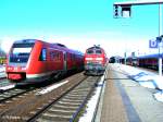 BR 218 3 Z�ge auf einmal: 612 503 mit RE nach Lindau, 218 486-9 mit RB nach M�nchen und 642 082 nach Augsburg, Buchloe 21.02.10