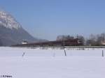Railjet 11126 215 + 201 ziehen bei Niederaudorf in Richtung Kufstein. 16.02.10