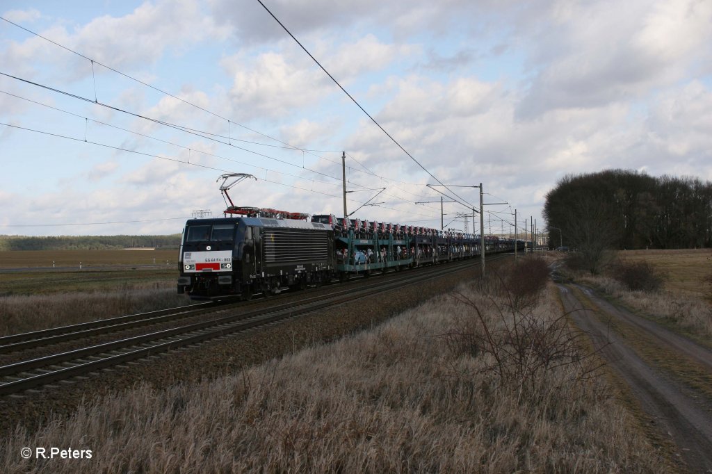 ES 64 F4 803 mit FIAT-Autozug nach Aachen bei Pilgram. 23.02.12
