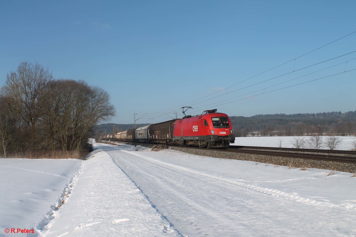 1016 015 zieht einen gemischten Güterzug bei Pölling gen süden. 26.01.17