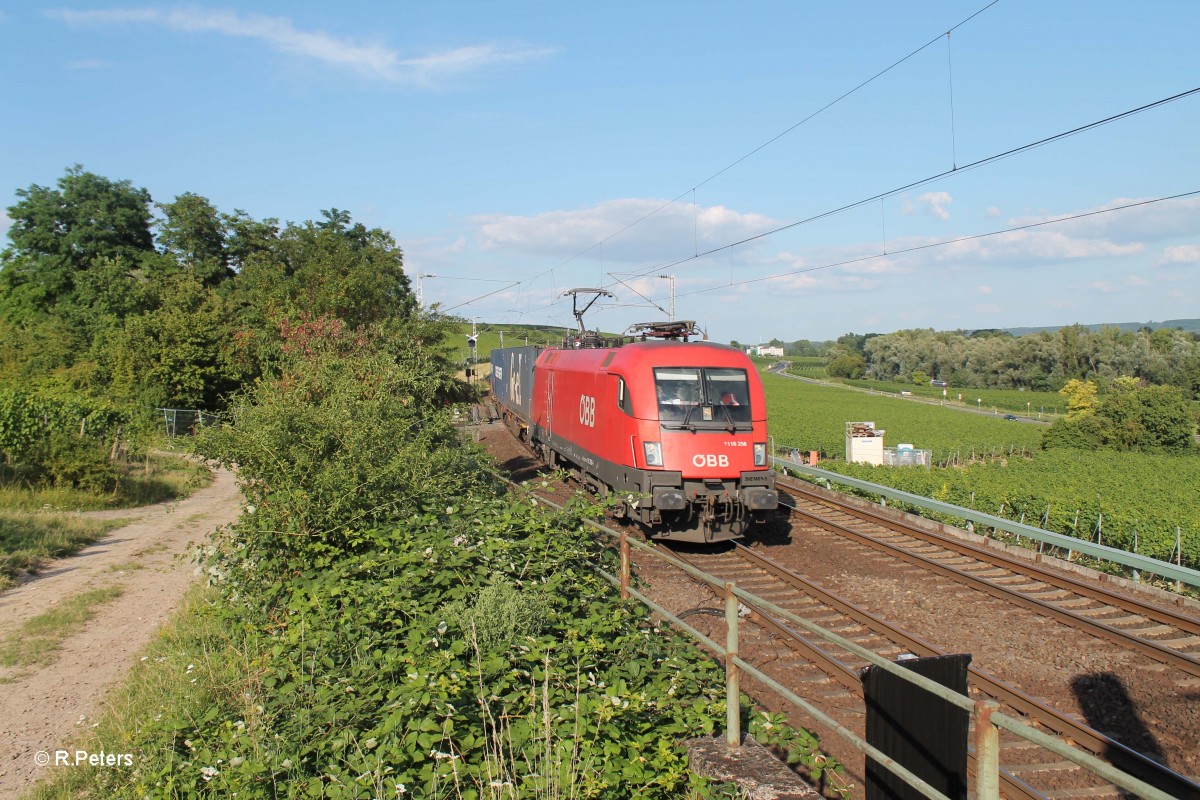 1116 256 mit einem gemischten Güterzug zwischen Erbach (Rheingau) - Hattenheim. 15.07.14
