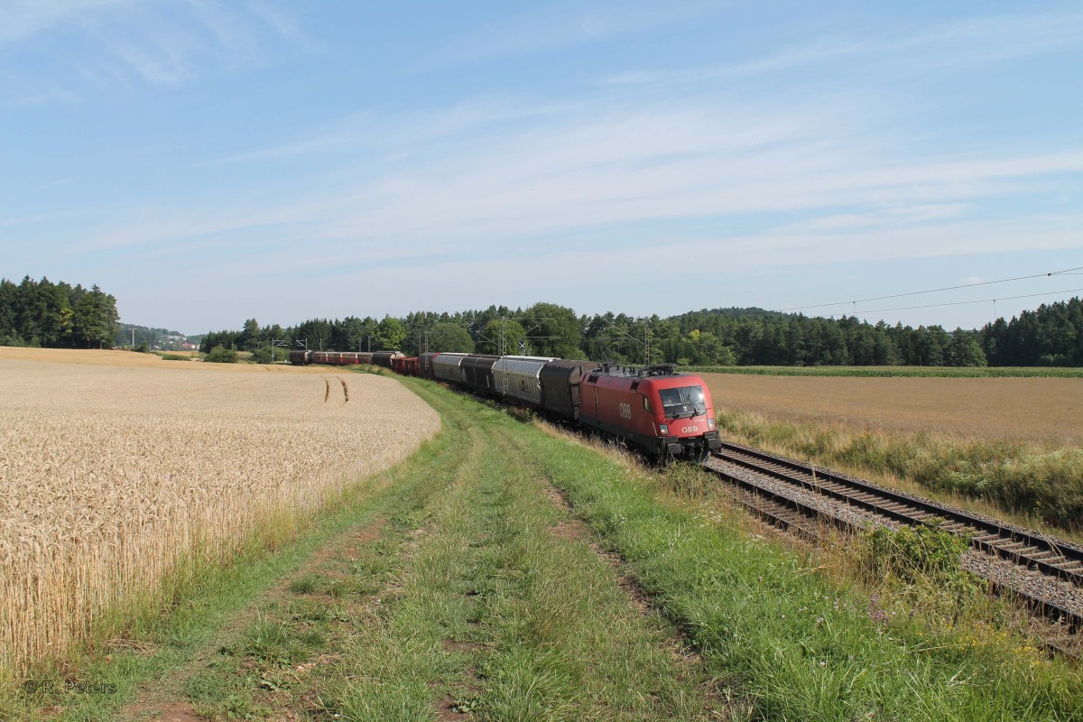 1116 263 zieht ein gemischten Güterzug in Richtung Regensburg bei Dettenhofen. 23.07.14