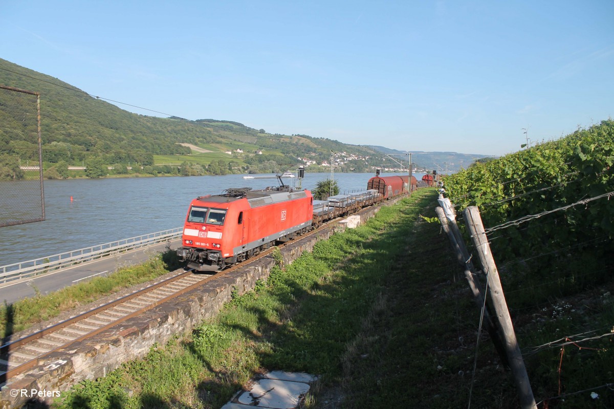 185 001-5 zieht kurz hinter Lorch am Rhein ein gemischten Güterzüg richtung Wiesbaden. 18.07.14