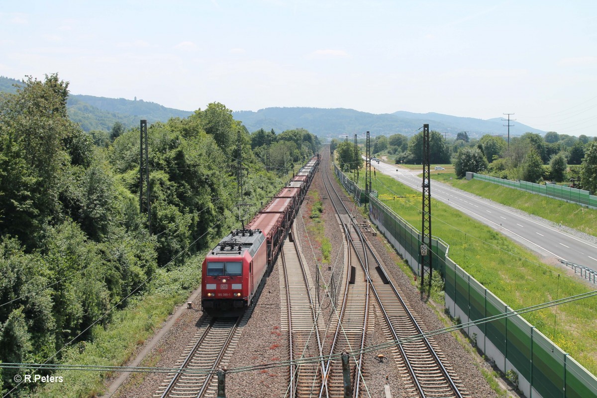 185 395-1 mit einem leeren Autotransportzug in Hemsbach in Richtung Darmstadt. 28.05.15