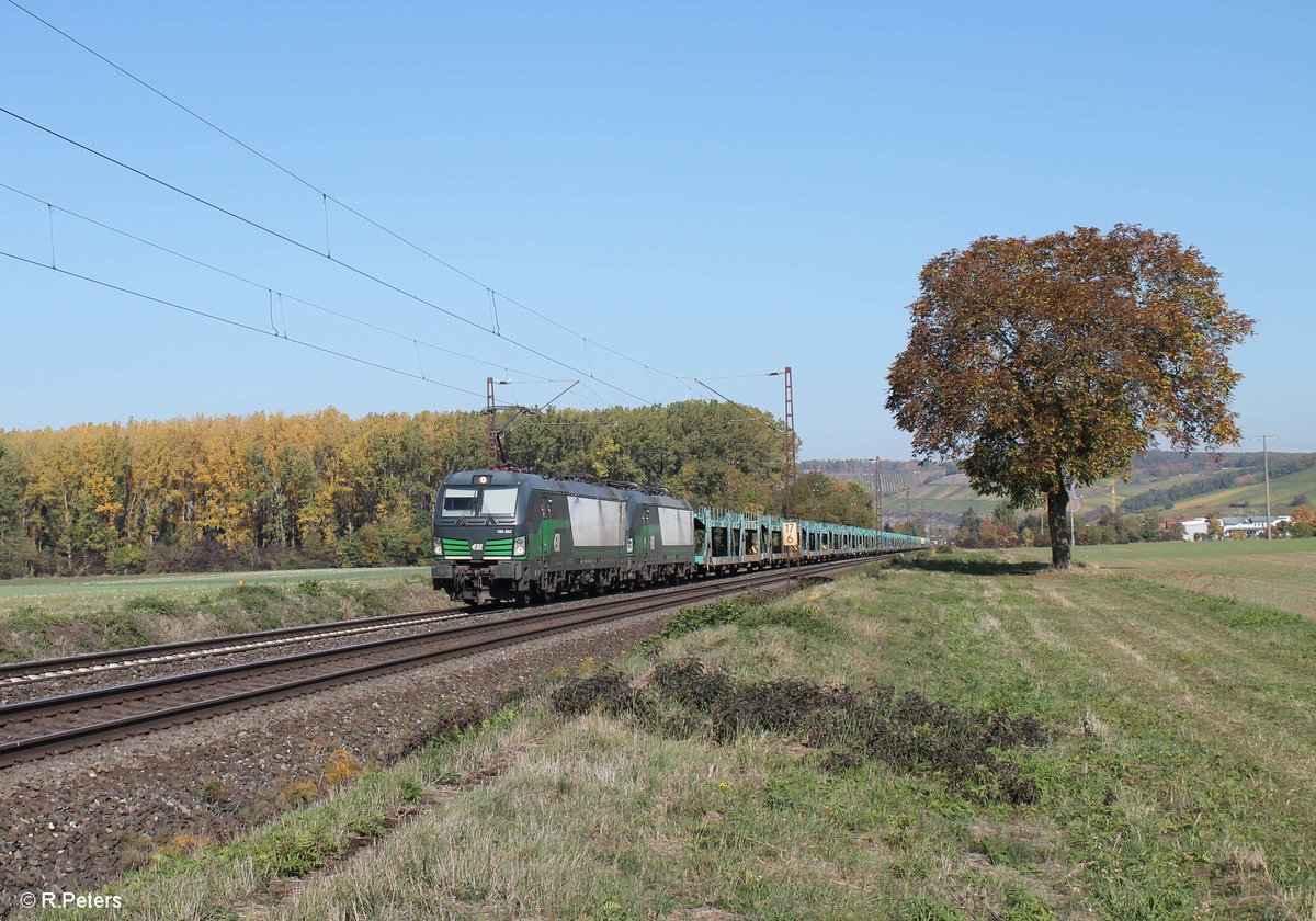 193 202-9 und 193 215-1 ziehen ein leeren Autotransportzug kurz vor Retzbach-Zellingen. 13.10.18