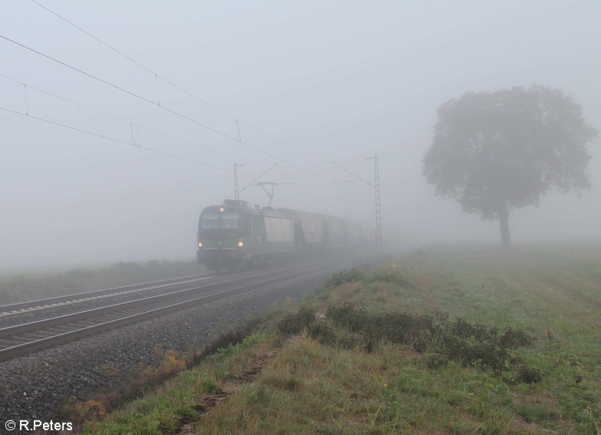 193 263-1 zieht den DGS 45185 Krefeld Linn - Ungarn Getreidezug kurz vor Retzbach-Zellingen durchs neblige Maintal. 13.10.18