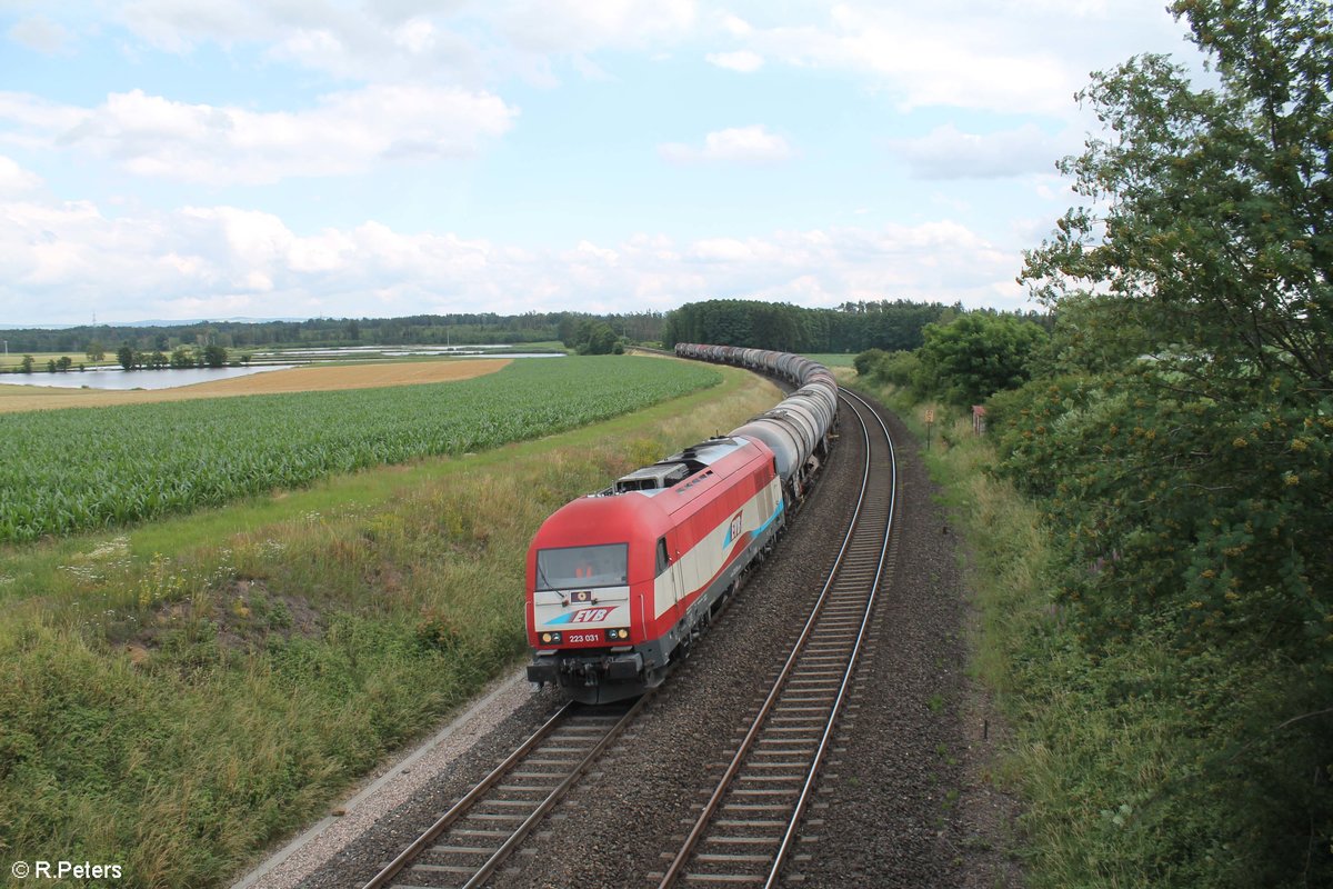 223 031 (Noch im alten Lack) mit einem Kesselzug Ingolstadt - Cheb bei Oberteich. 11.07.20