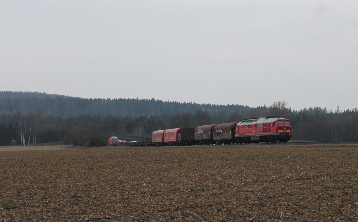 233 219 überführt eine München-Nürnberg-Express Garnitur bei Oberteich. 21.02.19