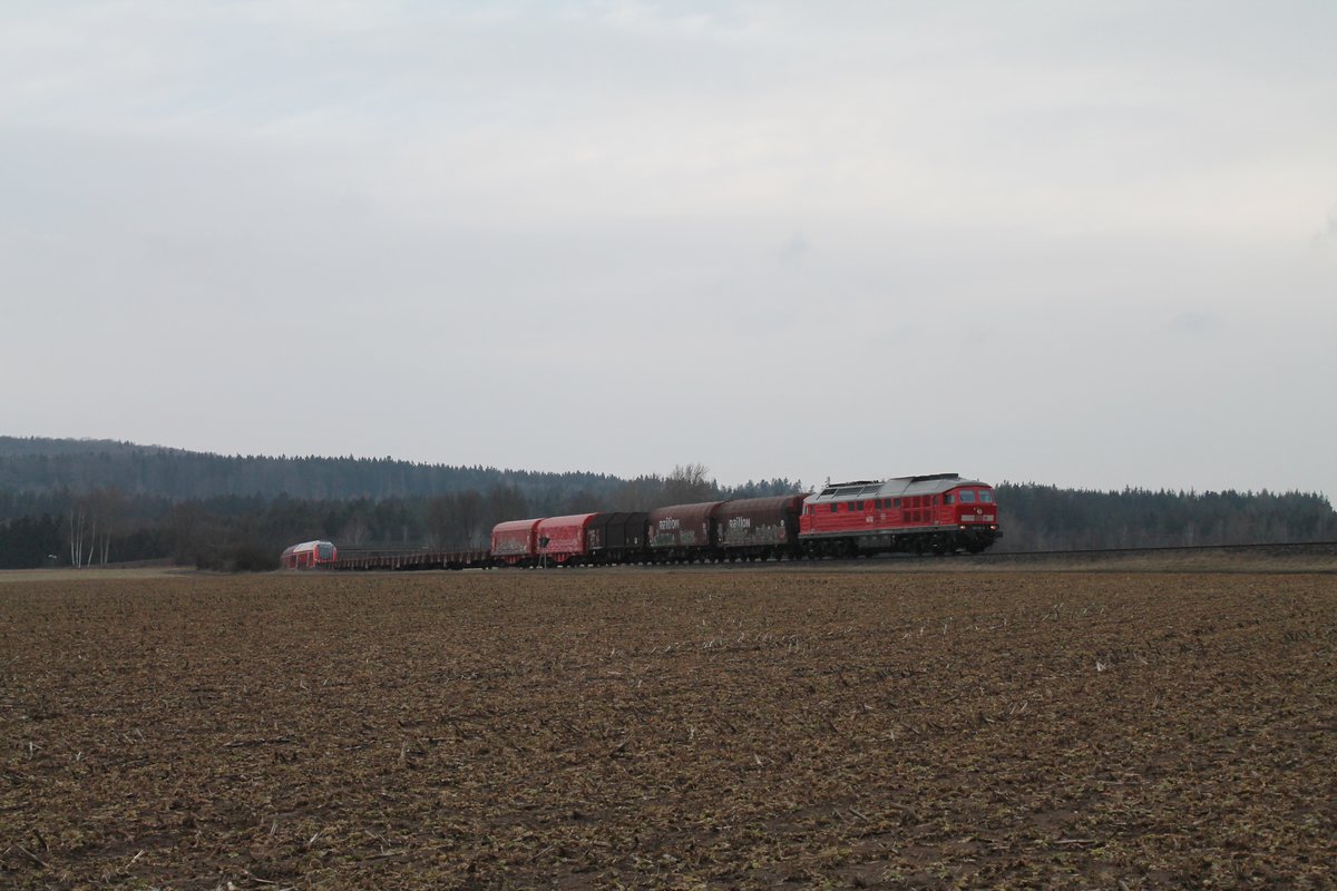 233 219 überführt eine München-Nürnberg-Express Garnitur bei Oberteich. 21.02.19