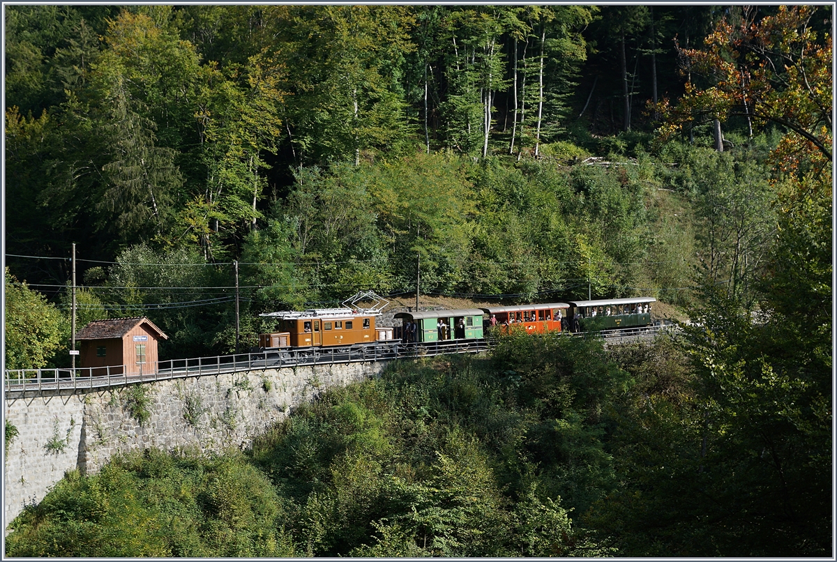 50 Jahre Blonay Chamby - MEGA BERNINA FESTIVAL: Das Bernina Krokodil Ge 4/4 182 erreicht mit einem hübschen, kurzen Zug bei  Vers-Chez-Robert  den Baie de Clarens Viadukt. 
15. Sept. 2018