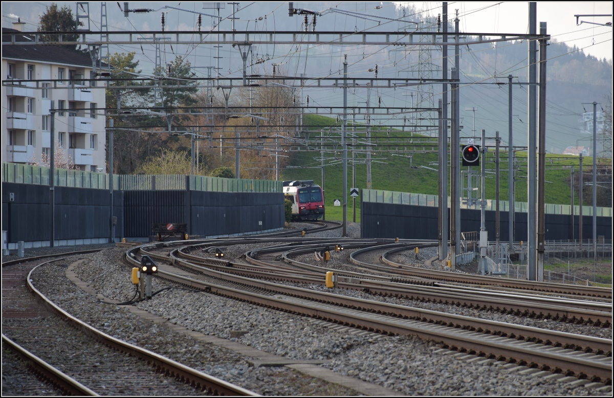 Blick auf die Trennstelle, nach links verl�sst ein NPZ die Hauptstrecke und nutzt den Seitenast der Gotthardbahn nach Luzern. Von hinten kommt die Hauptstrecke der Gotthardbahn, vielmehr beginnt im R�cken des Fotografen, w�hrend die Gleise nach rechts das Ende der aargauischen S�dbahn darstellen. Immensee, M�rz 2019.