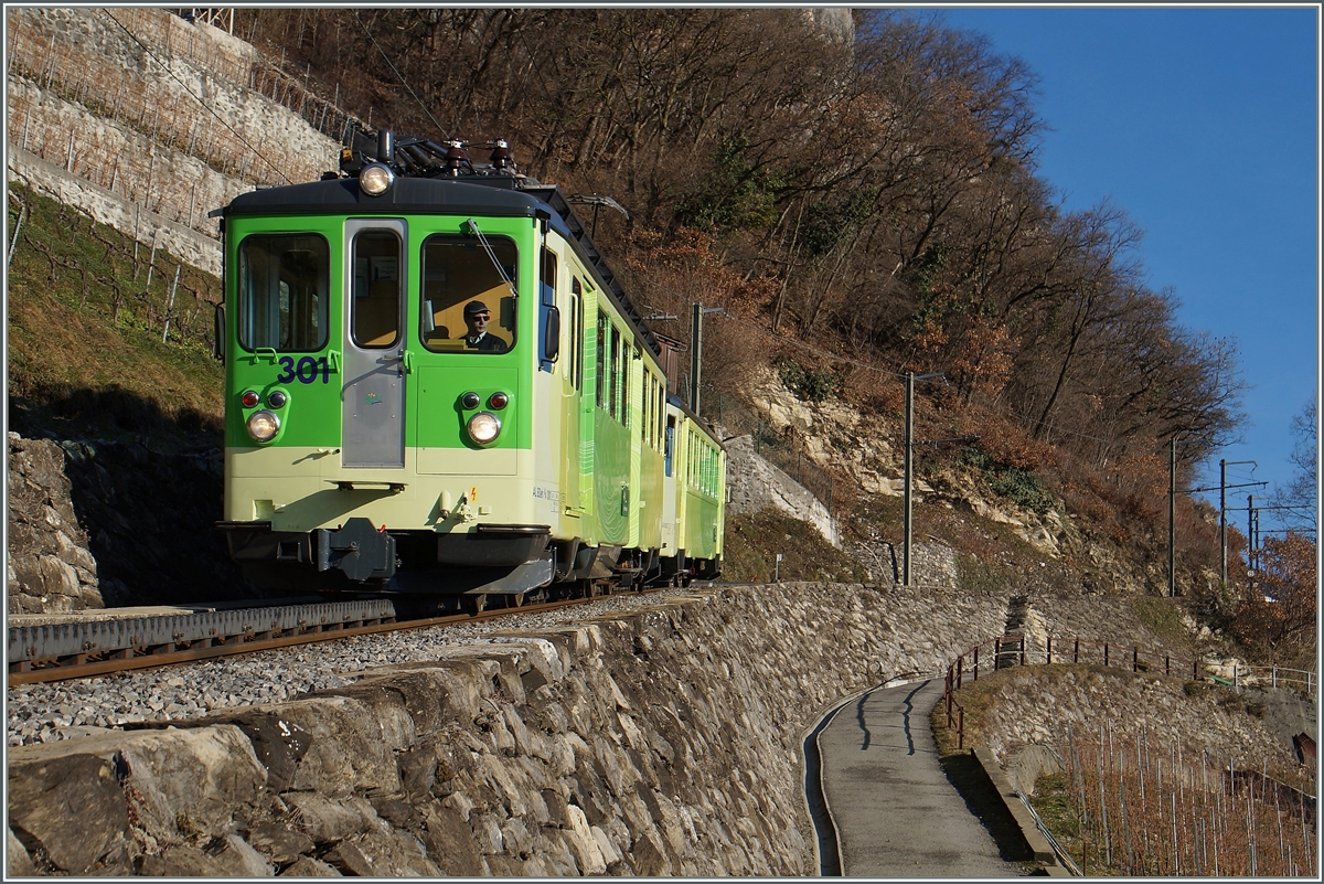 Der AL BDeh 4/4 3012 in seiner neuen TPC Farbgebung oberhalb von Aigle. 
25. Jan. 2016