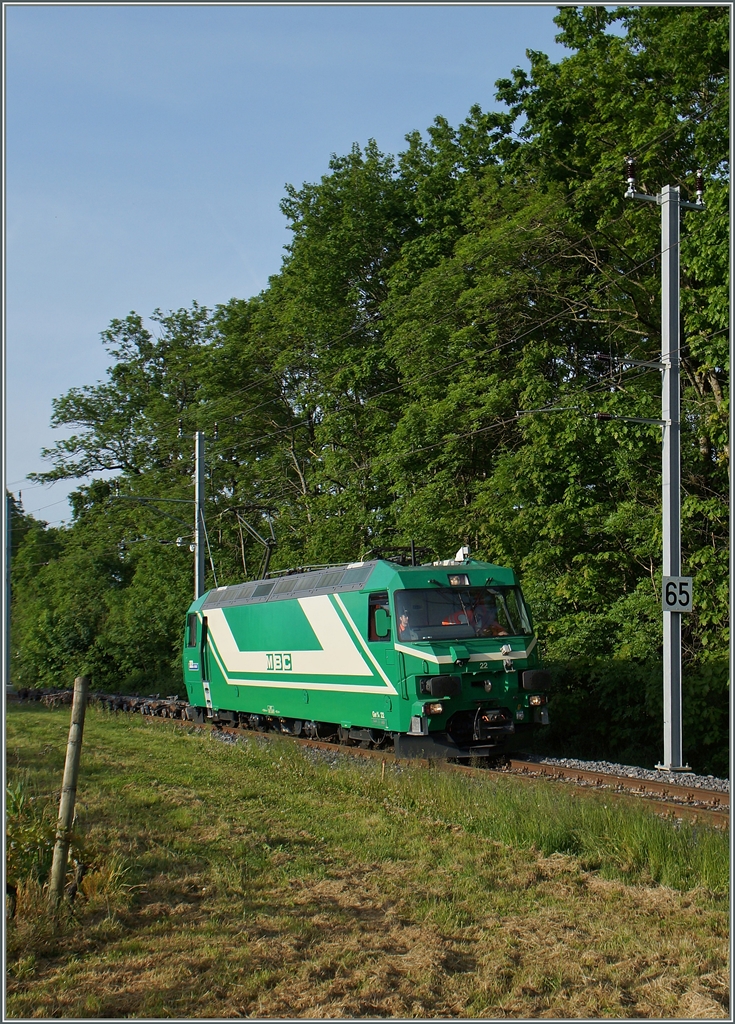 Der  Lokzug  wird erst beim zweiten Blick zu einem  Güterzug : die BAM Ge 4/4 22 zieht bei Chigny einige Rollböck hinter sich her. 
12. Mai 2015