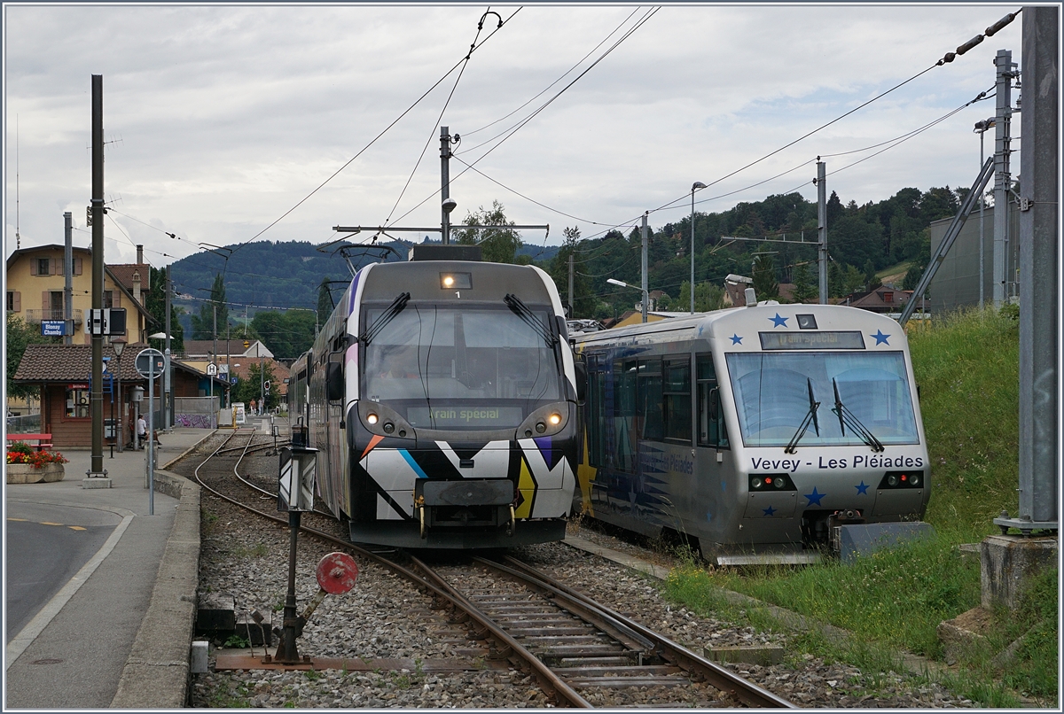 Der von Sarah Morris gestaltete Lenkerpendel  Monarch , bestehend aus ABt 341, Be 4/4 5001 und Bt 241, in Blonay.

26. Juni 2017