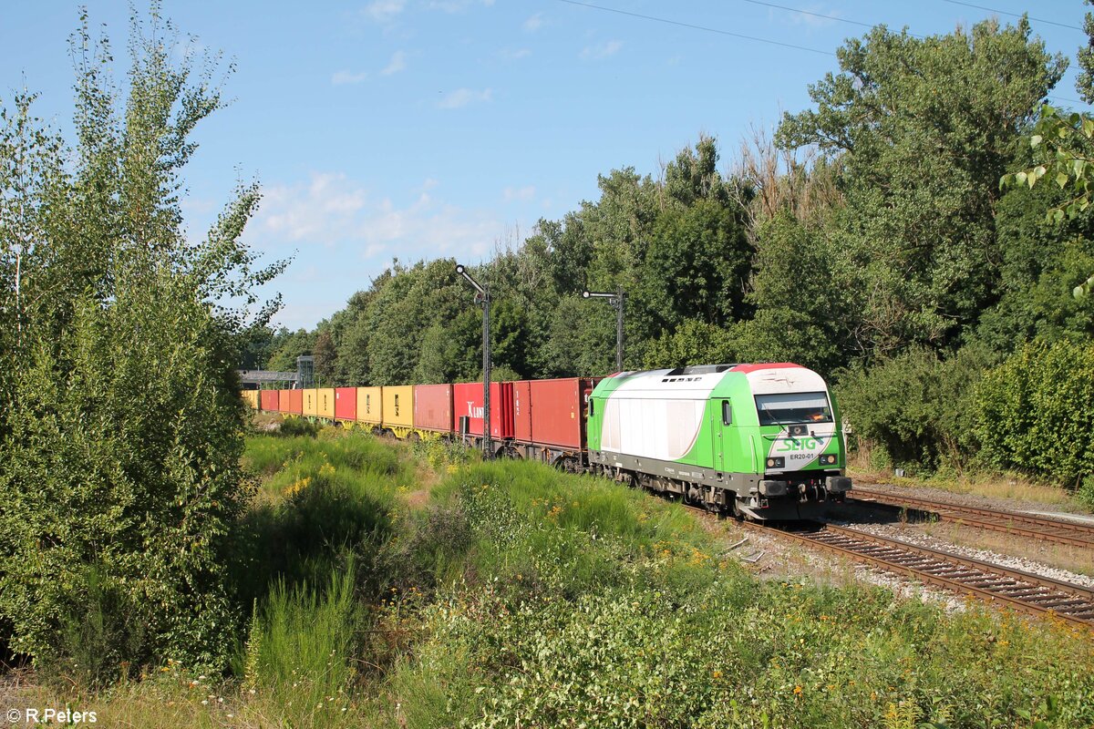 ER20-01 mit dem Wiesau Containerzug bei der Durchfahrt in Reuth bei Erbendorf. 14.08.21