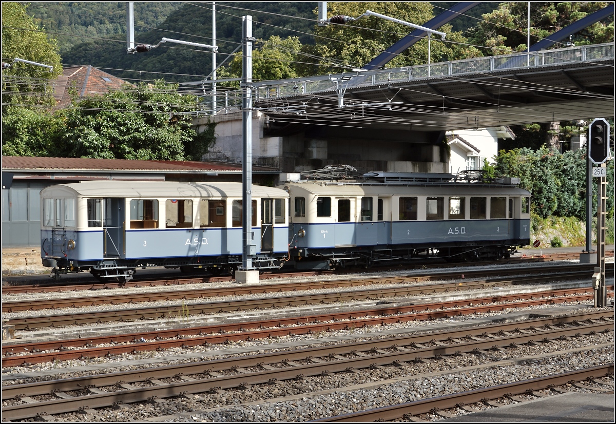 Historischer Triebwagen der Aigle–S�pey–Diablerets-Bahn (A.S.D.) BCFe 4/4 1. Aigle, August 2014.