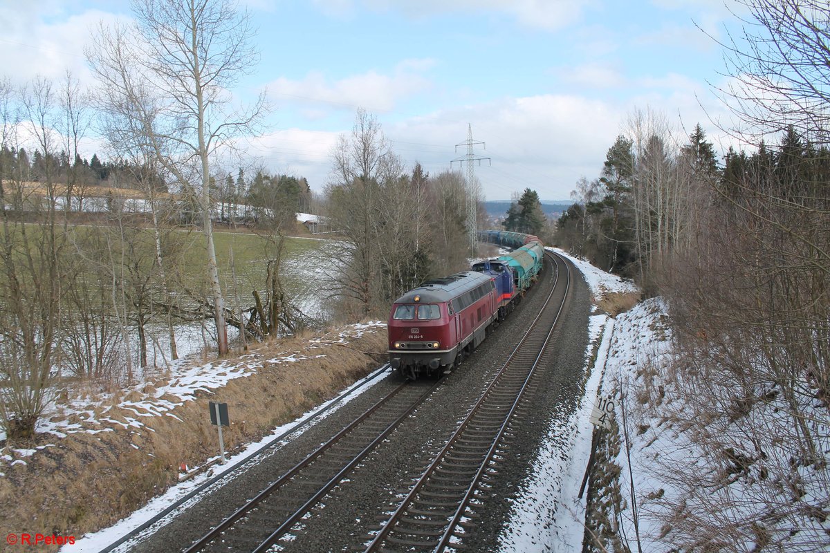 IGE 216 224-6 und eine V100 von Rail Transport ziehen bei Riglasreuth den DGS45394 Cheb - Herbertingen LovoChemie in Richtung Nürnberg. 18.02.18