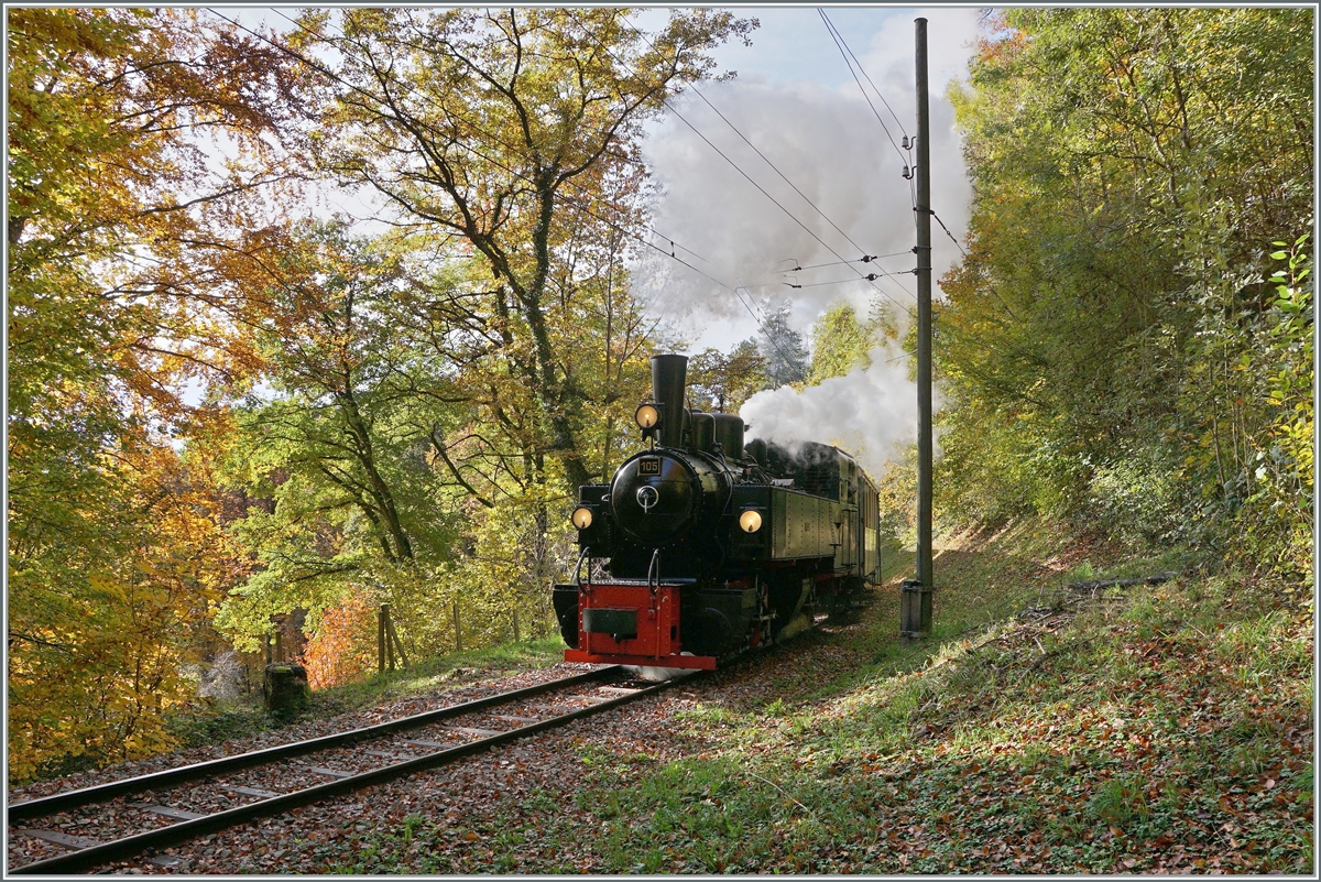  LA DER 2020 du Blonay-Chamby  / Saison Abschluss der Blonay-Chamby Bahn: Mit einem verstärkten Fahrplan und viel Dampf wird vor dem  Winterschlaf  (bzw. Arbeit im DépÔt Chaulin) nochmals viel Betrieb gemacht. 

Die g 2x 2/2 105 mit ihrem Reisezug auf dem Weg nach Chaulin kurz nach Chantmerle im Wald oberhalb von Blonay.
 25. Okt. 2020