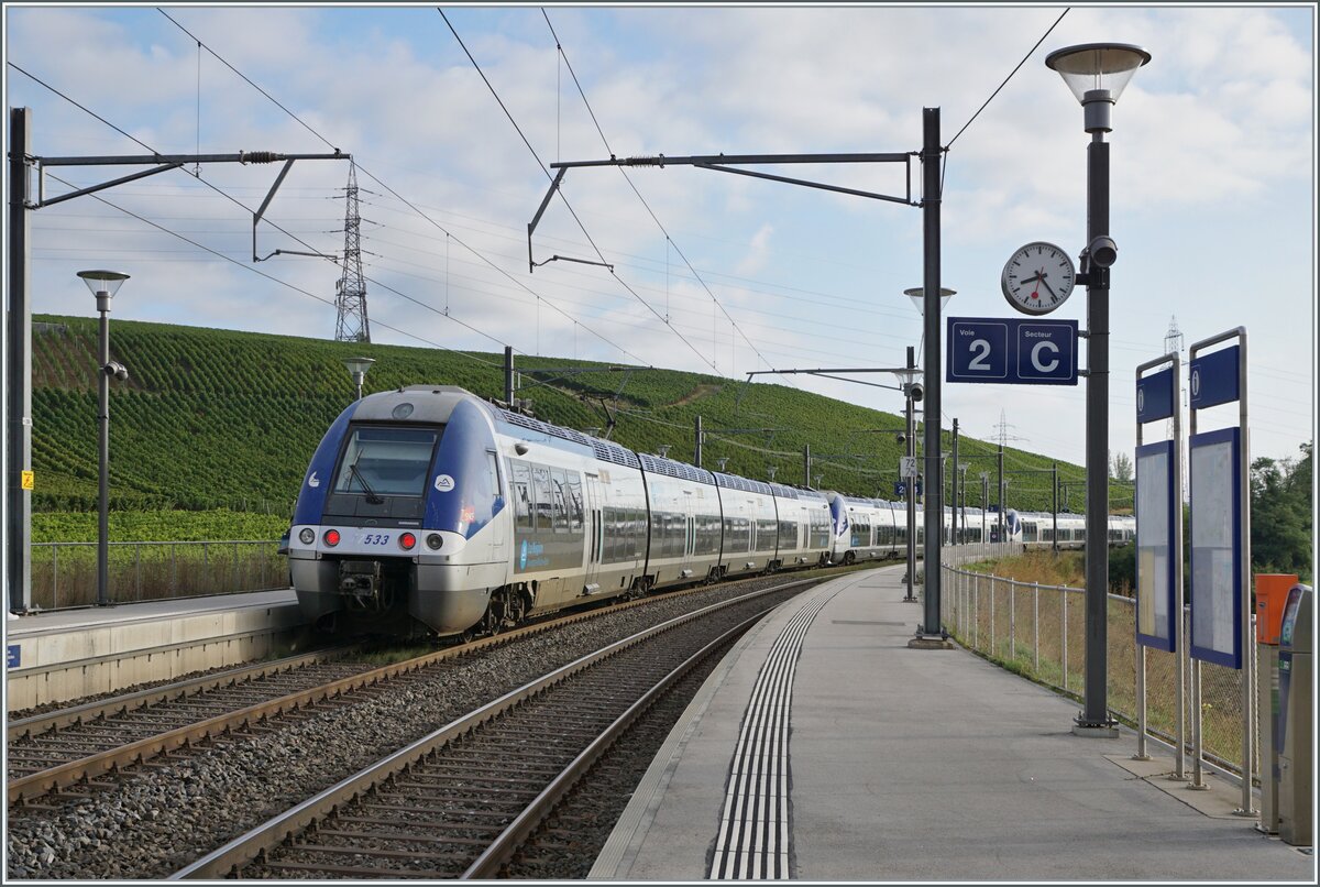 Mit dem SNCF Z 27692 an der Spitze und dem hier zu sehenden SNCF 27533 durchfährt ein mehrteiliger TER von Lyon auf der Fahrt nach Genève den Halt Russin. Der (Foto) - Blick in östlicher Richtung ist nicht nur infolge des Gegenlichtes weit weniger interessant als das Bild aus der Gegenrichtung. Immerhin sehr eindrücklich zeigt sich hier die ländliche Landschaft bei Russin, wenige Kilometer von Genève entfernt. 

26. Aug. 2024