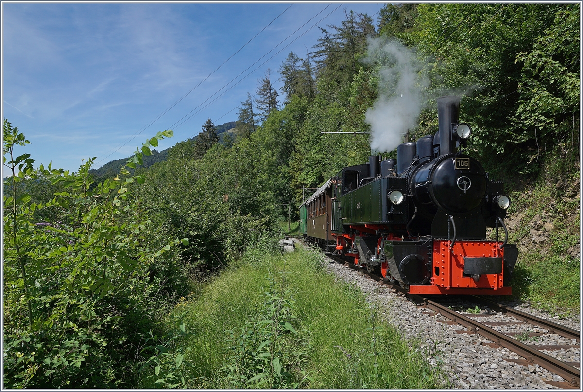Nachdem die Blonay Chamby Bahn G 2x 2/2 105 ihren Zug von Blonay nach Chamby gezogen hat, schieb sie ihn nun zurück nach Chaulin. 

25. Juli 2020