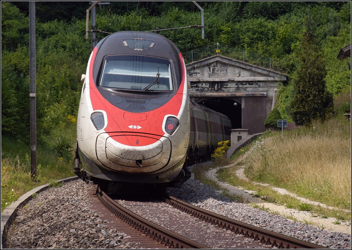 Umleiterverkehr auf dem L�ufelfingerli. Ein RABe 503, dessen Nummer mir leider verborgen blieb, verschwindet im S�dportal des Hauensteintunnels. Trimbach, Juli 2018.