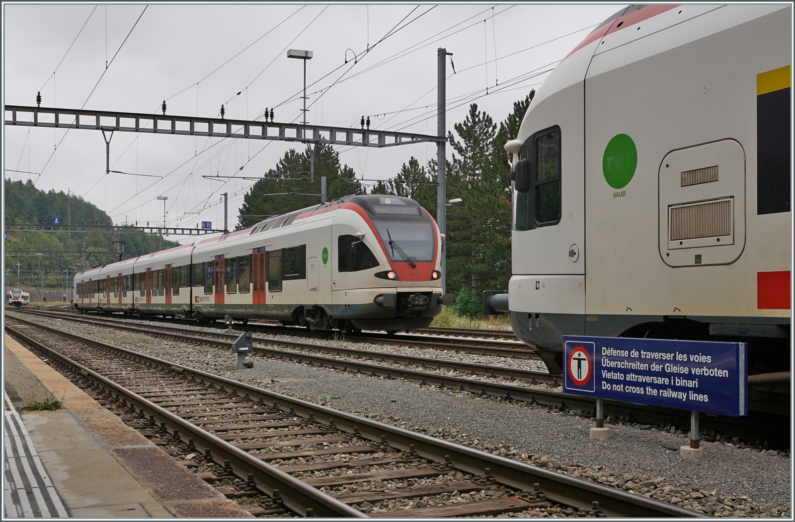 Da in Vallorbe die Züge verstärkt und geschwächt werden, stehen hier tagsüber recht viele Flirts herum und verdenken den Blick auf den von Aigle in Vallorbe ankommenden RABe 523 von Aigle. 

6. Aug. 2022