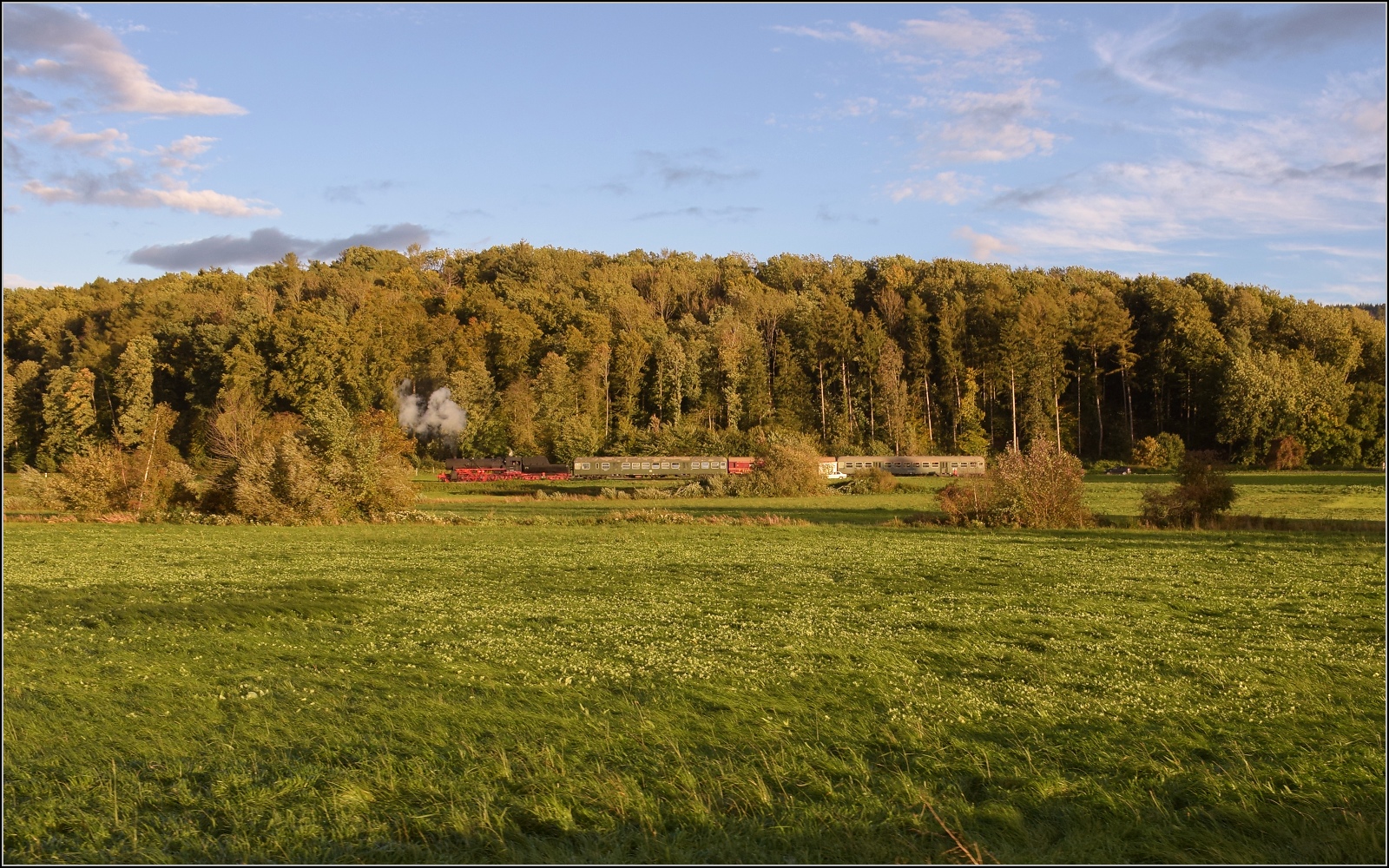 Schienenverkehr am Schienerberg.

52 7596 mit ihrem EFZ-Sonderzug für die SEHR&RS zwischen Ramsen und Rielasingen auf der letzten Fahrt des Tages. Oktober 2022.