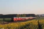 218 401 und 426 ziehen den Hochfranken Express DPE 95992 von Hof nach Prag kurz nach Sonnenaufgang bei Neudes bei Marktleuthen. 05.05.18
