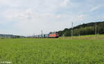152 080 zieht bei Oberdachstetten ein LKW-Walter Zug in Richtung Süden.