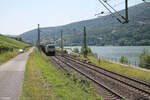 193 402 zieht vor Lorch am Rhein ein Kesselzug in Richtung Norden.