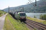 193 402 zieht vor Lorch am Rhein ein Kesselzug in Richtung Norden. 20.07.24