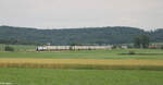 159 203-9 zieht mit einem Holzzug bei Oberdachstetten in Richtung Norden. 02.07.24