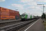 ER20 02 + ER20 04 + G1700.03 mit einem Holzzug nach Cheb in der Bahnhofsdurchfahrt Wiesau.